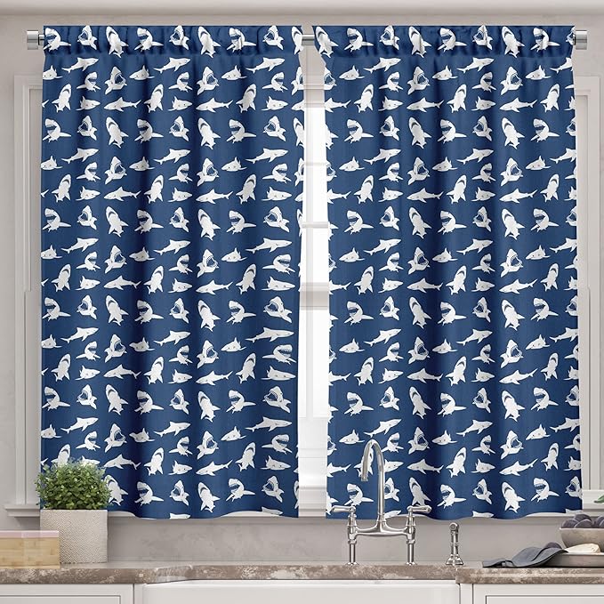Ambesonne Shark Valance & Tier Curtain 3 pcs Set, Fish Pattern Various Gestures Have a Bite Danger Humor Nautical Design, Window Treatments for Kitchen Room Decor, 55" x 24", Blue Violet