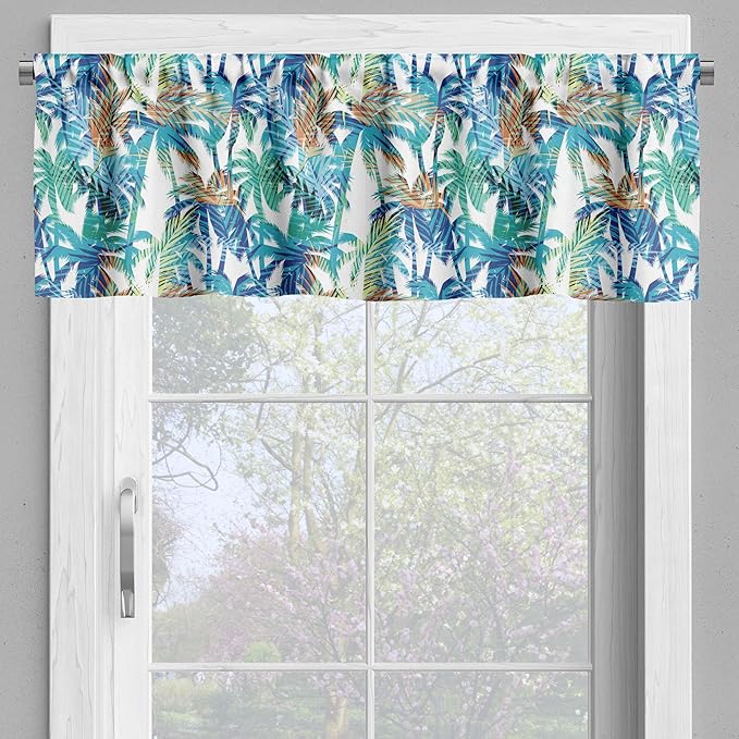 Ambesonne Palm Leaf Valance & Tier Curtain 3 pcs Set, Tropical Summer Print with Palm Abstract Nature Pattern Fantasy Dream, Window Treatments for Room Kitchen Decor, 55" x 24", Blue Mint Green Orange