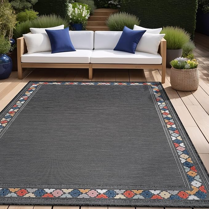 Beverly Rug Outdoor Rug 9x12 Modern Bordered Large Area Rugs for Indoor and Outdoor Patio Easy to Clean Non Shedding Living Room Porch Garden Washable Outside Carpet (9 x 12 Dark Gray)
