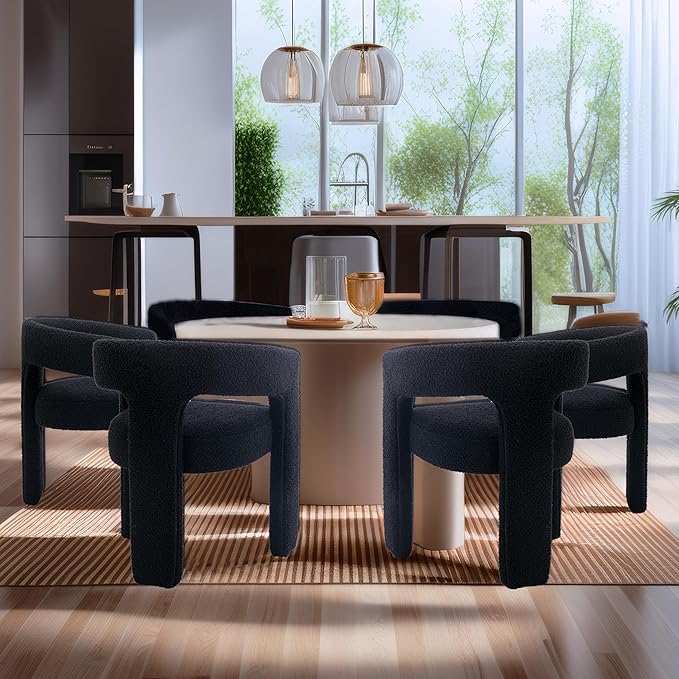 Black Sherpa Dining Chairs Set of 6, Modern Barrel Dining Room Chairs Upholstered Faux Fur Accent Chair with Arms and Round Back for Living Room Kitchen Armchair No Assembly Needed