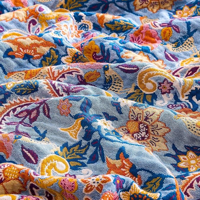 Boho Throw Blanket for Bed, 100% Cotton Soft Rustic Quilt Fall Blanket, 50"x60" Floral Printed Farmhouse Decor Bed Blankets, All Season Rustic Reversible Bohemian Throw Quilt