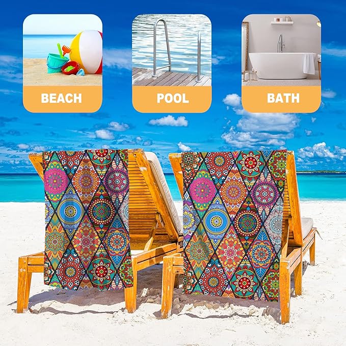 Beach Towel, Colorful Tribal Bohemian Mandala Beach Towel Oversized Sand Proof Absorbent, Quick-Dry Bath Pool Swim Towel for Shower Spa Vacation, 29.5” X 59”