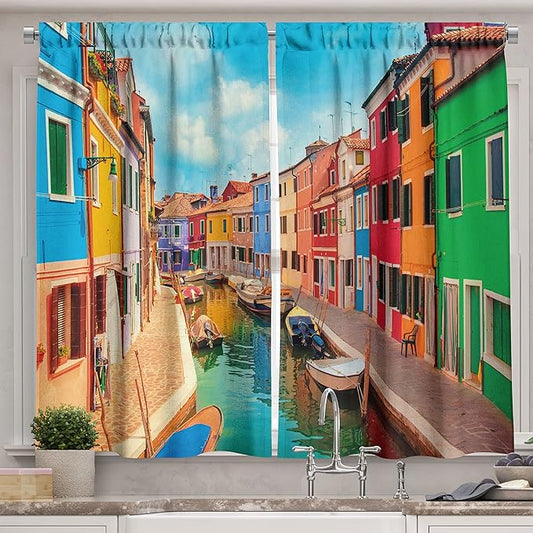 Ambesonne Venice Long Kitchen Curtains, Colorful Buildings and Water Canal with Boats Burano Island in The Venetian Lagoon, Two Panels Drapes with Rod Pocket Room Decor, 55" x 45", Colorful