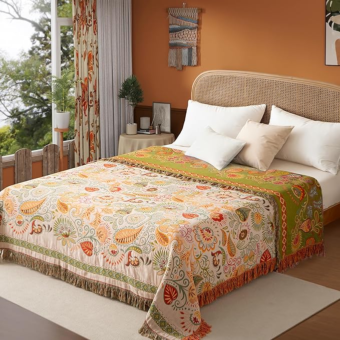 Boho Throw Blanket Twin Size, Soft Cozy Cotton Muslin Quilt Blanket for Bed Decor, Floral Patterned Couch Sofa Chair Cover, Vintage Farmhouse Cottage Tapestry Woven Blanket, Coral&Green