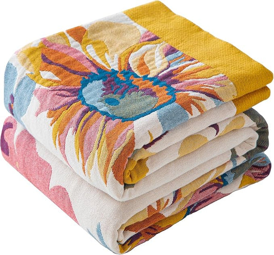 Boho Throw Blanket Twin Size, Soft Cozy Cotton Muslin Quilt Blanket for Bed Decor, Floral Patterned Couch Sofa Chair Cover, Vintage Farmhouse Cottage Tapestry Woven Blanket, Yellow&Blue