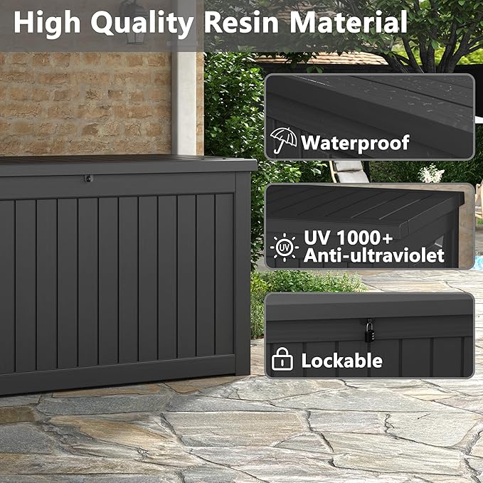 180 Gallon Outdoor Storage Box, Deck Box Resin Waterproof and UV Resistant Lightweight Deck Box for Garden Tools, Pool Supplies Organization