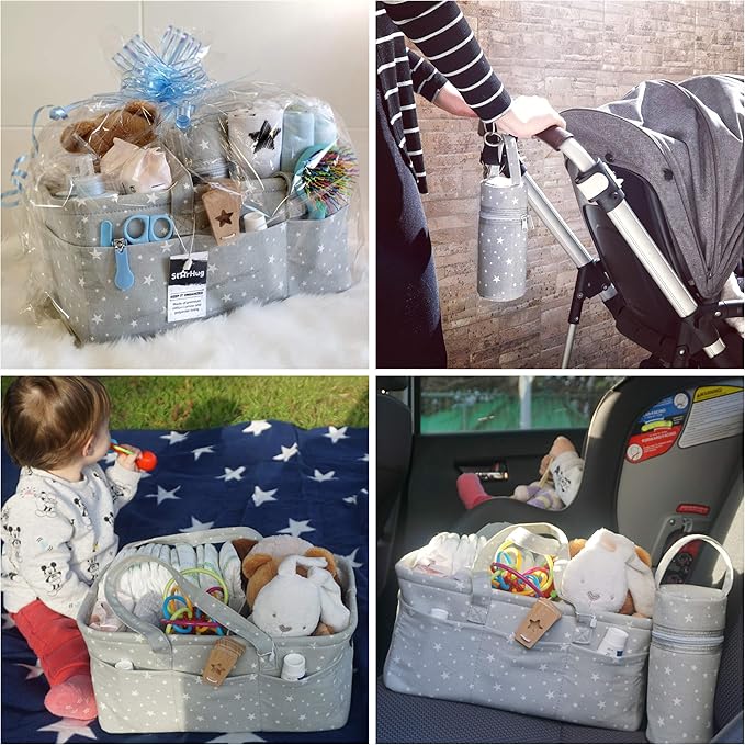 Baby Diaper Caddy Organizer - Baby Shower Basket | Large Nursery Storage Bin for Changing Table | Car Travel Tote Bag | Newborn Registry Must Have | Bonus Bottle Cooler | Gray