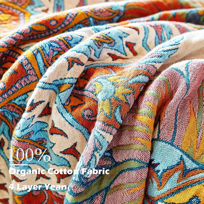 Boho Throw Blanket, 100% Organic Cotton Breathable Ultra Soft Bed Quilt Throw - All Season Floral Bird Butterfly Farmhouse Decor Blanket for Sofa Couch Chair and Gift. 60" x 80"