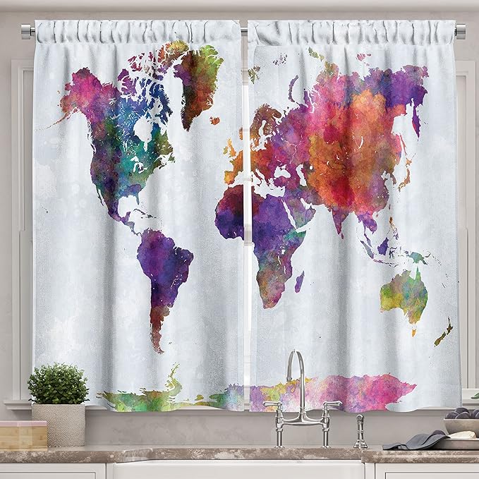 Ambesonne Watercolor Kitchen Curtains, Multicolored Hand Drawn World Map Asia Europe Africa America Geography Print, Window Drapes 2 Panel Set for Kitchen Cafe Decor, 55" x 39", Gray Purple