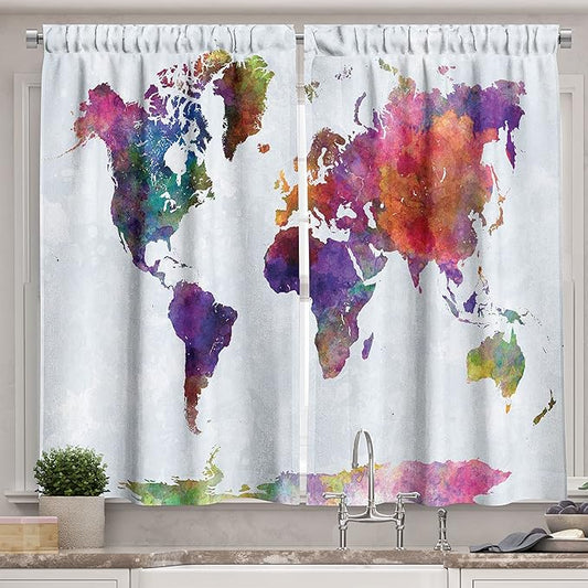 Ambesonne Watercolor Long Kitchen Curtains, Multicolored Hand Drawn World Map Asia Europe Africa America Geography Print, Two Panels Drapes with Rod Pocket Room Decor, 55" x 45", Gray Purple