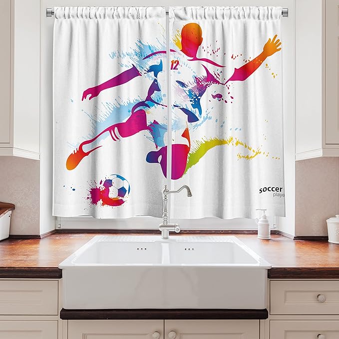 Ambesonne Sports Long Kitchen Curtains, Soccer Proffesional Player Kicks Ball Watercolor Style Spray Championship Image, Two Panels Drapes with Rod Pocket Room Decor, 55" x 45", Orange Magenta