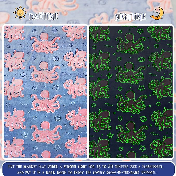 BORORO Glow in The Dark Blanket Octopus Gifts Toys for Kids Soft Cute Blanket Ocean Themed Gifts Blankets for Girls Boys