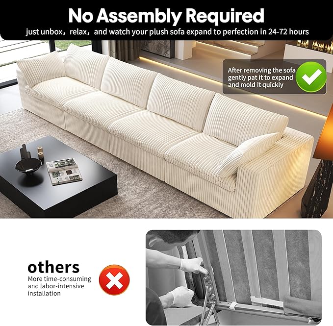 157.5" 4-Seater Cloud Sofa,Modular Sectional Couch,Modern Deep Seat Upholstered Couches with Plush Corduroy Fabric for Living Room Furniture,Bedroom and Apartment,No Assembly Required,White