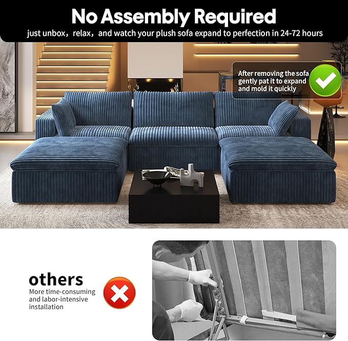 118" U Shaped Modern Sofa Modular Sectional Cloud Couch with 2 Ottoman,Upholstered Couches with Plush Corduroy Fabric for Living Room Furniture,Bedroom and Apartment,No Assembly Required,Blue