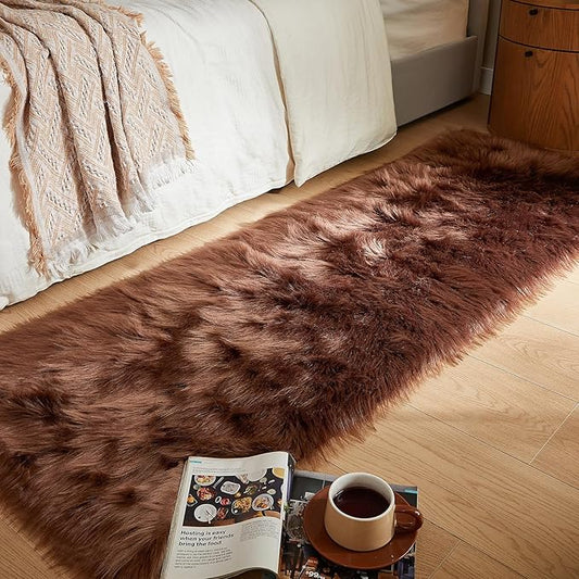 AMTOVO Faux Fur Rug, Coffee Ultra Soft Fluffy Shag Sheepskin Rug, 2 x 6 ft Runner Area Rugs for Bedroom Sofa Throw Cushion Room Decor, Rectangle