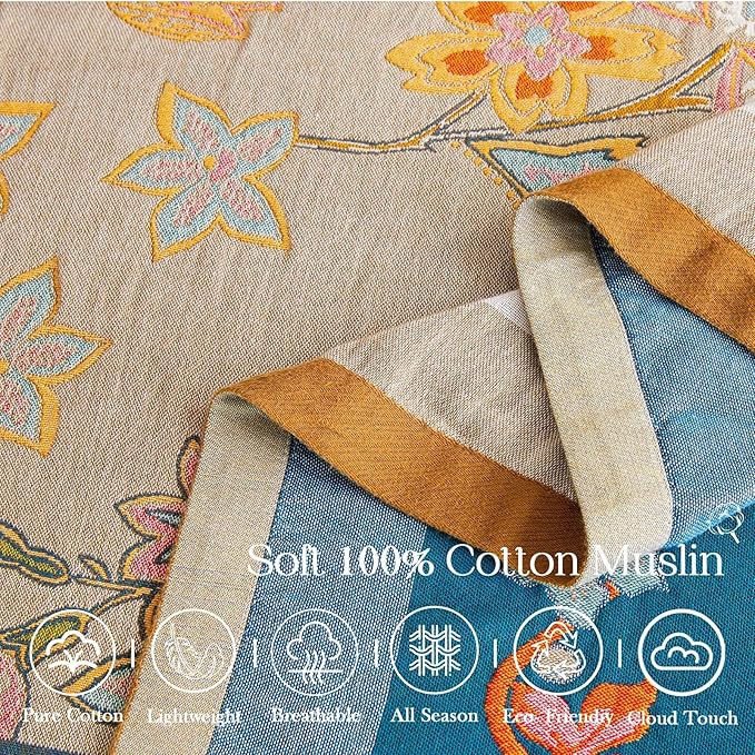 Boho Blanket, 100% Cotton Farmhouse Decorative Throw Blanket, 60"x80" Reversible Bohemian Throw Blanket, Brown All Season Muslin Breathable Woven Blankets Quilt