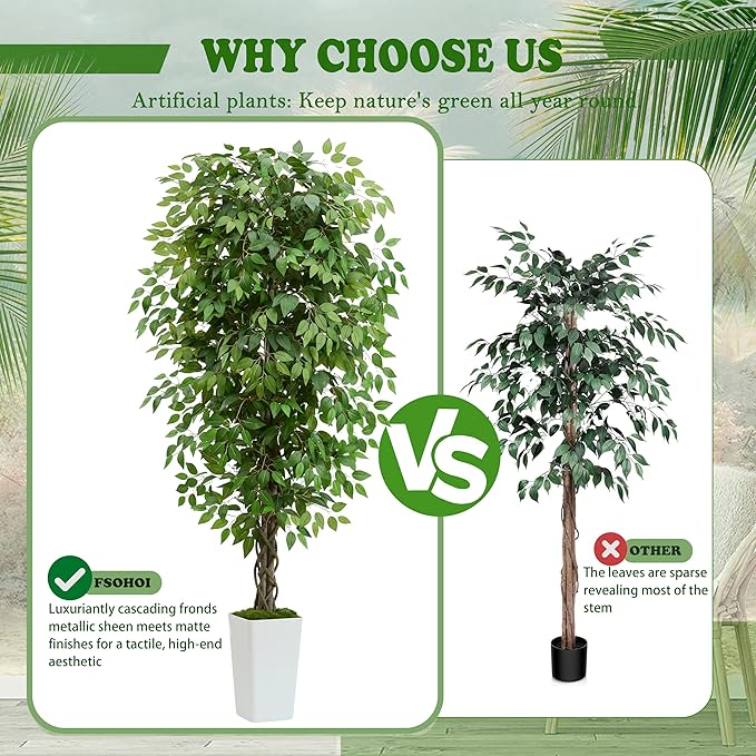 Artificial Ficus Tree 6FT Faux Plants Indoor Tall Fake Plants with White Planter, Green Lifelike Lush Fake Ficus Tree for Home Living Room Bedroom Outdoor Balcony House Office Decor