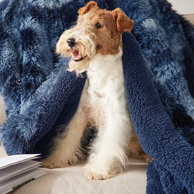 Bedsure GentleSoft Fluffy Tie Dye Navy Blue Blankets Queen Size for Bed, Thick Sherpa Faux Fur Fleece Fuzzy Plush Winter Warm Soft Queen Blankets, Bedroom Decor Blue Cozy Gifts for Women Men, 90x90