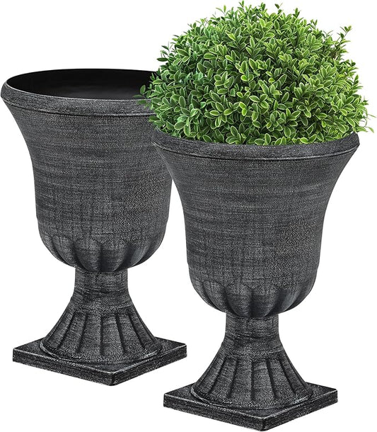 22" Timeless Urn Planters for Outdoor Plants, Set of 2 Plastic Large Flower Pot with Handmade Washed Black Finish, Weather-Resistant for Porch, Garden, Patio or Indoor Use