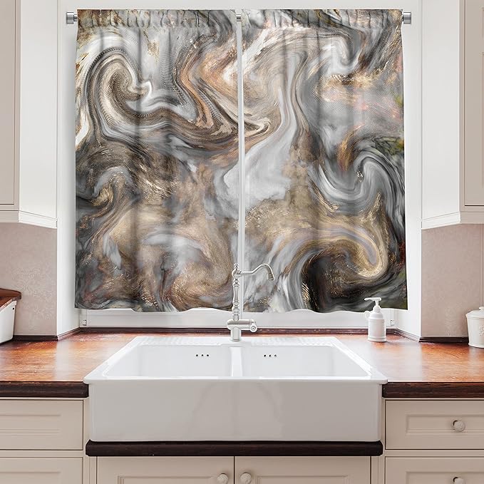 Ambesonne Marble Long Kitchen Curtains, Retro Style Paintbrush Colors in Marbling Texture Watercolor Artwork, Two Panels Drapes with Rod Pocket Room Decor, 55" x 45", Sand Brown
