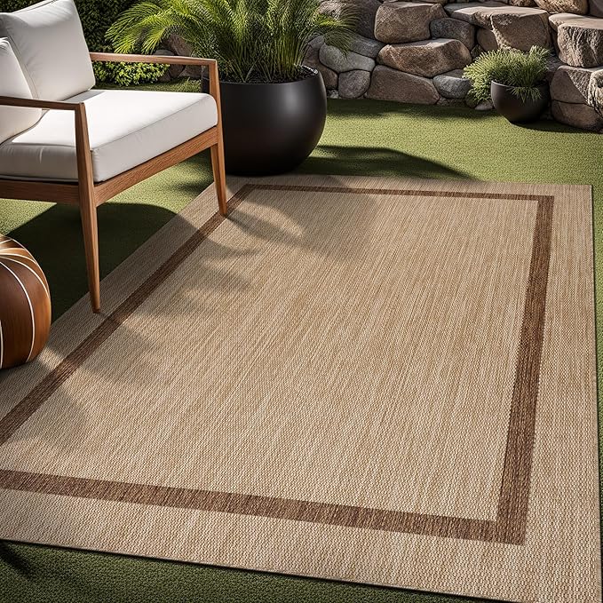 Bordered Outdoor Rug 5x7 Washable Outside Carpet for Indoor Patio Porch Waterproof Easy Cleaning Non Shedding Area Rugs Jute Beige - Nut Brown 5 x 7