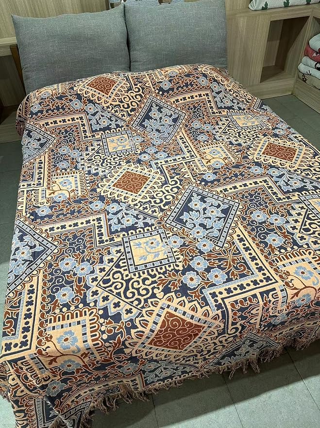 Boho Throw Blanket for Bed 60”x80”, 100% Cotton Woven Blanket for Couch Sofa, Ultra Soft 4-Layer Muslin Quilt with Diamond Pattern, Farmhouse Bed Blanket/Cover for Living Room Decor