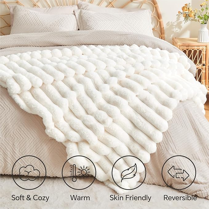 BEDELITE Faux Fur Throw Blanket for Couch, Soft and Cozy Luxurious 3D Striped Fluffy Blanket, 770GSM Thick Warm Plush Fuzzy Faux Rabbit Fur Blanket for Women Gift (Cream, 50"x 60")