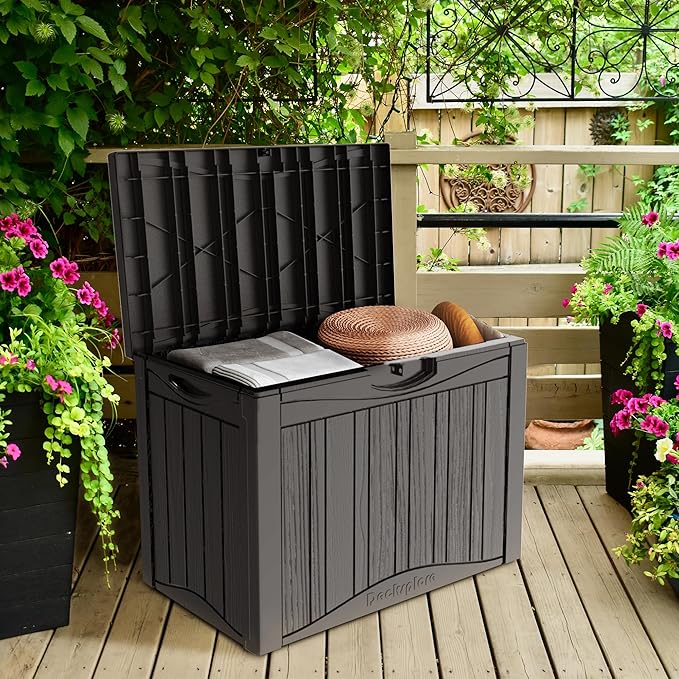 45 Gallon Double-Wall Resin Deck Box - Lockable Waterproof Outdoor Storage Box, 515bs Capacity & Doubles as Seating for Patio Furniture - Garden Tools, Pool Accessories (Brown)