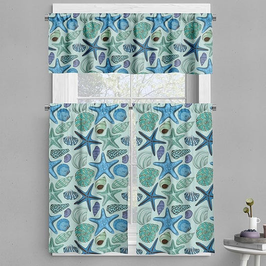 Ambesonne Starfish Valance & Tier Curtain 3 pcs Set, Aquarium Inspired Composition Tropical Seashells and Scallops Cockles and Clams, Window Treatments for Kitchen Room Decor, 55" x 36", Blue Seafoam