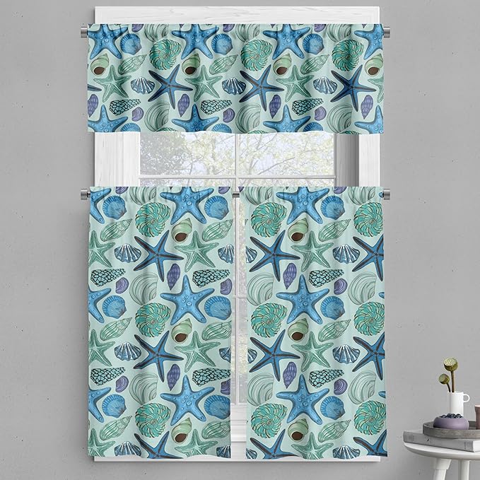 Ambesonne Starfish Valance & Tier Curtain 3 pcs Set, Aquarium Inspired Composition Tropical Seashells and Scallops Cockles and Clams, Window Treatments for Kitchen Room Decor, 55" x 24", Blue Seafoam