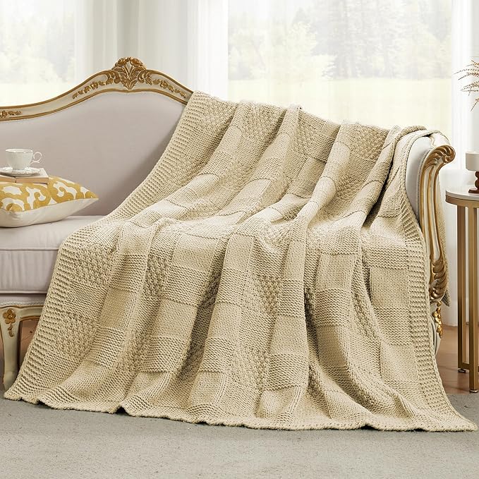 Amélie Home Chenille Knit Throw Blanket for Couch, Checkered Texture Decorative Soft Blanket for Sofa, Bed & Living Room, 50"x60", Beige