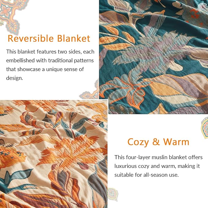 Boho Throw Blanket for Couch Sofa Bed, 100% Cotton Woven Quilt with Tassel 80”x90”, Super Soft Muslin Blanket with Floral Printed, Decorative Reversible Bed Blanket/Cover for All Seasons
