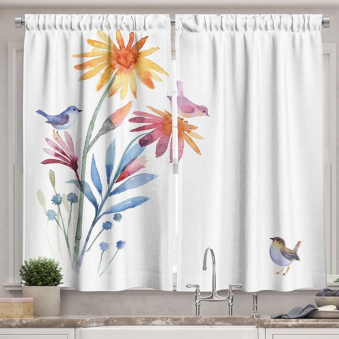 Ambesonne Watercolor Long Kitchen Curtains, Springtime Flowers with Birds Unusual Color Scheme Brush Effect, Two Panels Drapes with Rod Pocket Room Decor, 55" x 45", Blue