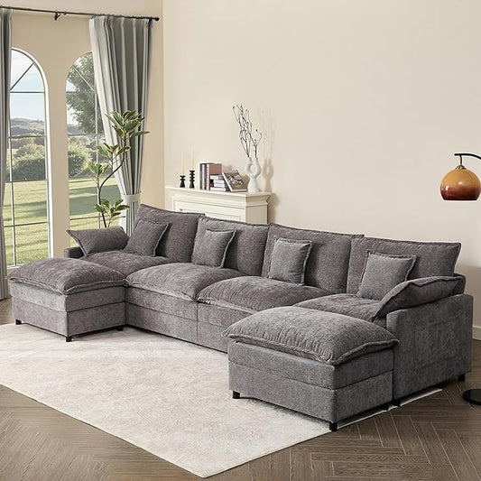142.5" U Shaped Couch, Modular Sectional Sofa, 3-Seater Comfy Cloud Couch with Movable Ottoman, Deep Seat Couches for Living Room, Chenille, Slate