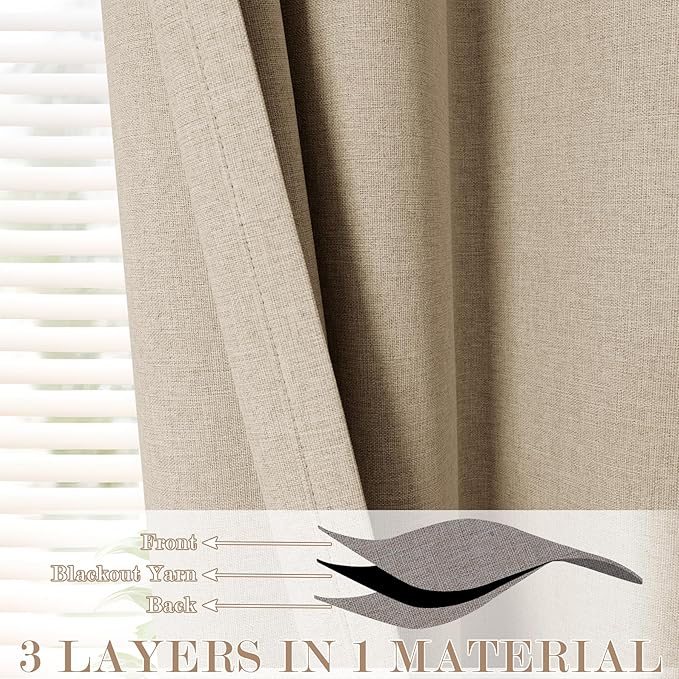 100" W x 84" L Faux Linen Room Divider Curtains, Full Blackout Pinch Pleated Drapes for Traverse Rod, Bedroom Divider Privacy Drapery with Hooks for Ceiling Track, 1 Panel, Sand Beige