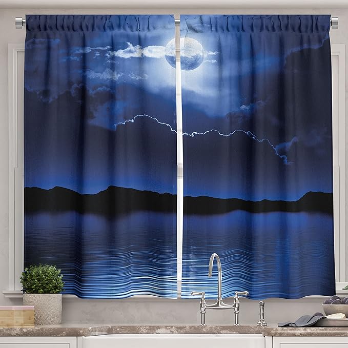Ambesonne Night Long Kitchen Curtains, Fantasy Moon and Clouds Over Calm Water Seascape Dramatic Cloudy Dark Sky, Two Panels Drapes with Rod Pocket Room Decor, 55" x 45", Navy Blue