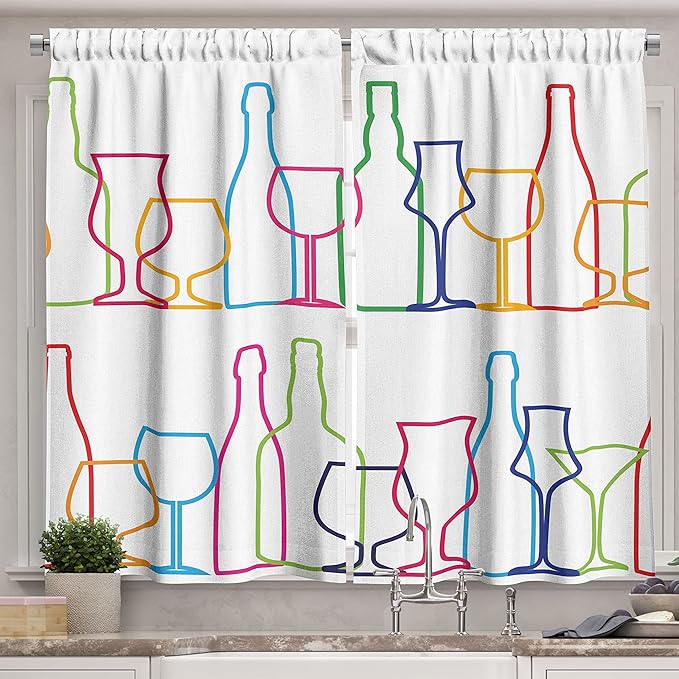 Ambesonne Wine Long Kitchen Curtains, Colorful Outline Bottles and Glasses Bar Party Drink Cocktails Modern Fun Pattern, Two Panels Drapes with Rod Pocket Room Decor, 55" x 45", Pink Green