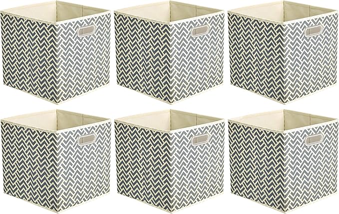 Amazon Basics Collapsible Cube Storage Organizer Bins, 6-Pack, 10.5 x 10.5 x 11 inches, Chevron Grey