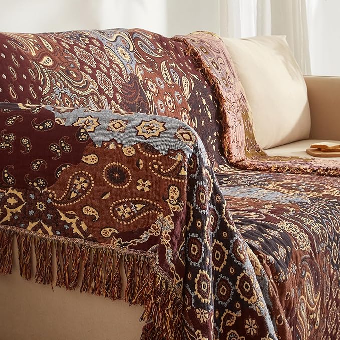 Boho Throw Blanket for Couch Sofa Bed, 100% Cotton Woven Quilt with Tassel 60”x80”, Super Soft Muslin Blanket with Patchwork Printed, Decorative Reversible Bed Blanket/Cover for All Seasons