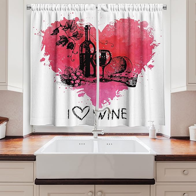 Ambesonne Wine Long Kitchen Curtains, Hand Drawn Sketch Illustration with Splash Watercolor Heart I Love Wine Theme, Two Panels Drapes with Rod Pocket Room Decor, 55" x 45", Black Coral