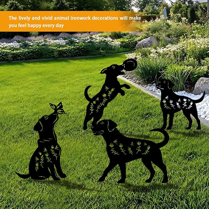 4 Pack Dog Metal Garden Decorative Stakes, Weather Proof Puppy Silhouette Statues for Yard, Patio,Outdoor Decor for Dog Lovers and Pet Owners