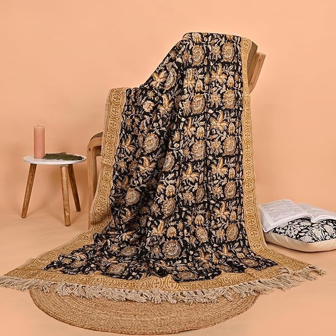 Bohemian Floral Cotton Throw Blanket with Tassels | 48x70 Inch Handblock Printed Sofa Throw | Black & Gold Decorative Bed Cover | Lightweight Couch Throw for Living Room & Bedroom