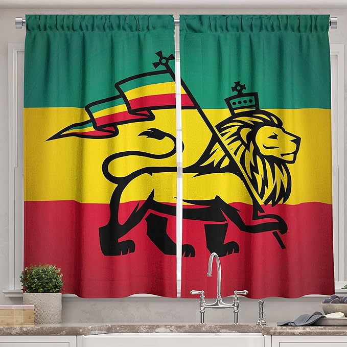 Ambesonne Rasta Kitchen Curtains, Judah Lion a Rastafari Flag Jungle Reggae Theme Art Vivid Colorful Print, Window Drapes 2 Panel Set for Kitchen Cafe Decor, 55" x 39", Yellow Red