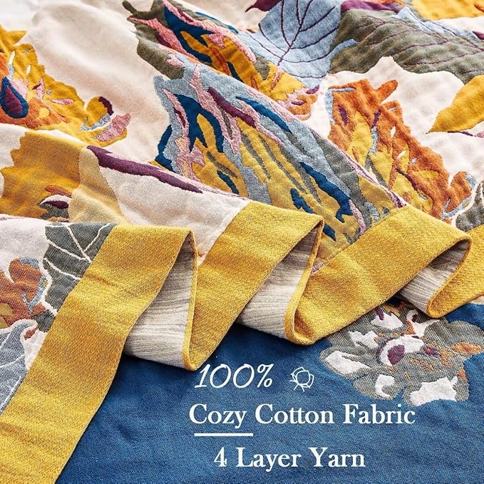 Boho Throw Blanket, 100% Cotton Ultra Soft Luxury Throw Rustic Quilt, 60"x80" Floral Bird Butterfly Farmhouse Decor Bed Blankets, All Season Rustic Reversible Bohemian Throw for Bed - Yellow