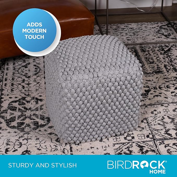 BIRDROCK HOME Buds Pouf Foot Stool Ottoman - Knit Bean Bag Floor Chair - Cotton Braided Cord - Great for The Living Room, Bedroom and Kids Room - Small Furniture (Grey - Buds)