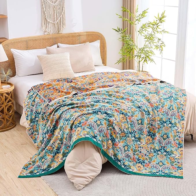 Boho Blanket Throw Quilt, 100% Cotton Soft Light Weight Throw Blankets for Summer, 60"x80" Farmhouse Flower Decorative Blankets, All Season Rustic Reversible Bohemian Throw Quilt