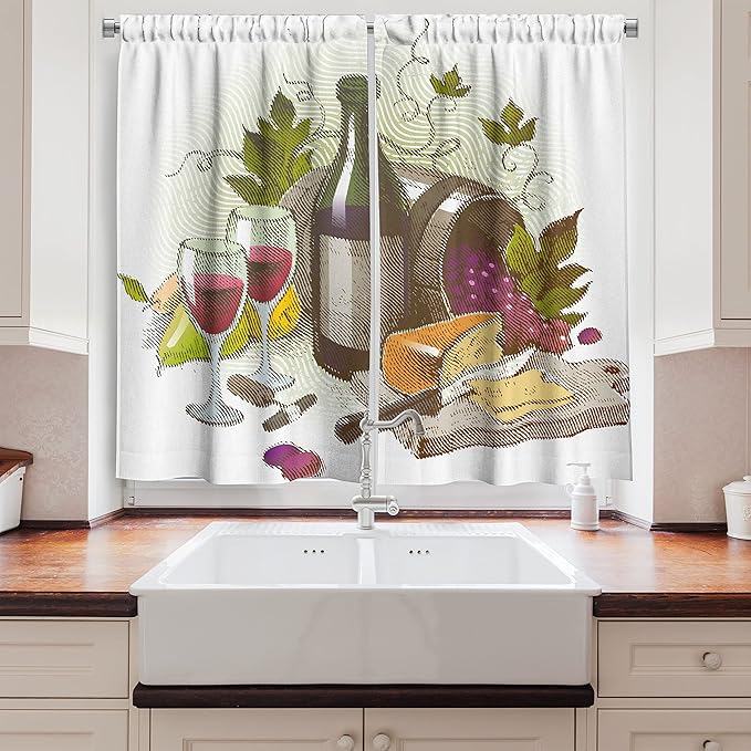 Ambesonne Wine Long Kitchen Curtains, Vintage Style Composition with Wine and Cheese Fruits Gourmet Taste Beverage and Food, Two Panels Drapes with Rod Pocket Room Decor, 55" x 45", Multicolor