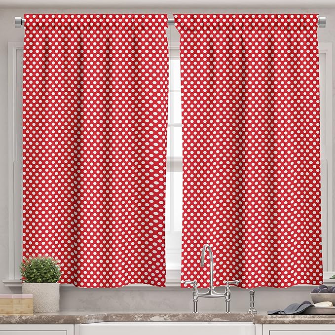 Ambesonne Retro Valance & Tier Curtain 3 pcs Set, 50s 60s Iconic Pop Art Style Big White Polka Dots Picnic Vintage Old Theme Image, Window Treatments for Kitchen Room Decor, 55" x 36", Vermilion White