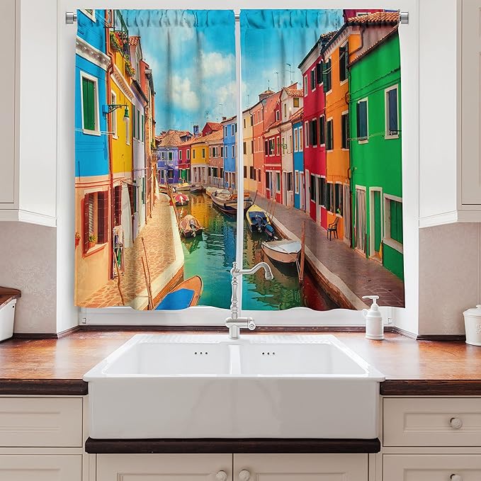 Ambesonne Venice Long Kitchen Curtains, Colorful Buildings and Water Canal with Boats Burano Island in The Venetian Lagoon, Two Panels Drapes with Rod Pocket Room Decor, 55" x 45", Colorful