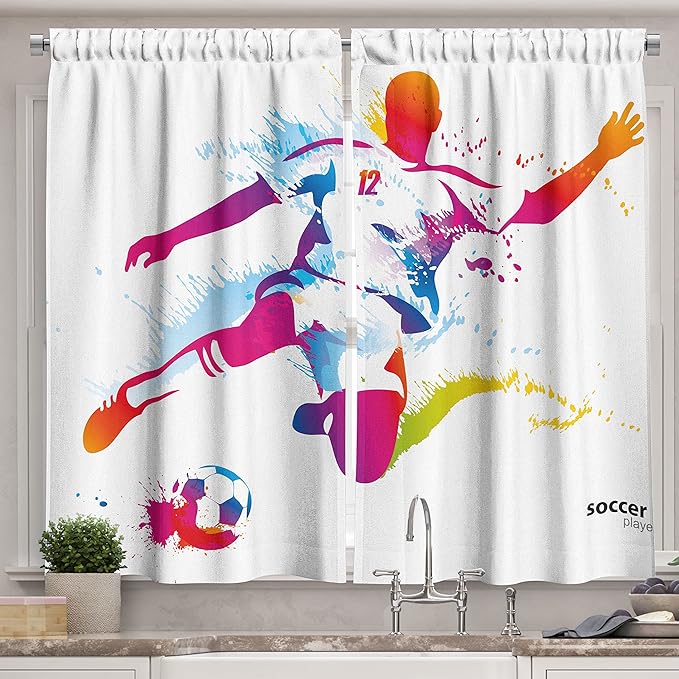 Ambesonne Sports Long Kitchen Curtains, Soccer Proffesional Player Kicks Ball Watercolor Style Spray Championship Image, Two Panels Drapes with Rod Pocket Room Decor, 55" x 45", Orange Magenta